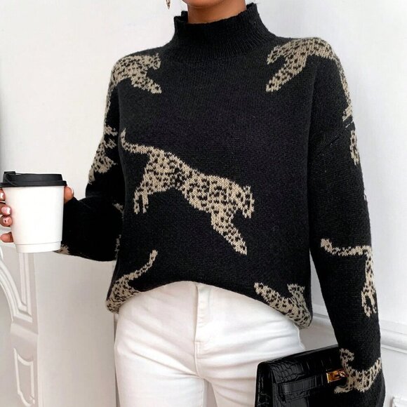 Black Casual Women's Leopard Pattern High Neck Drop Shoulder Sweater - Picture 6 of 6